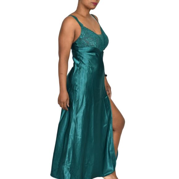 Vintage Victorias Secret Nightgown Green Satin Maxi Slip High Slit Gold Label XS - Picture 3 of 16